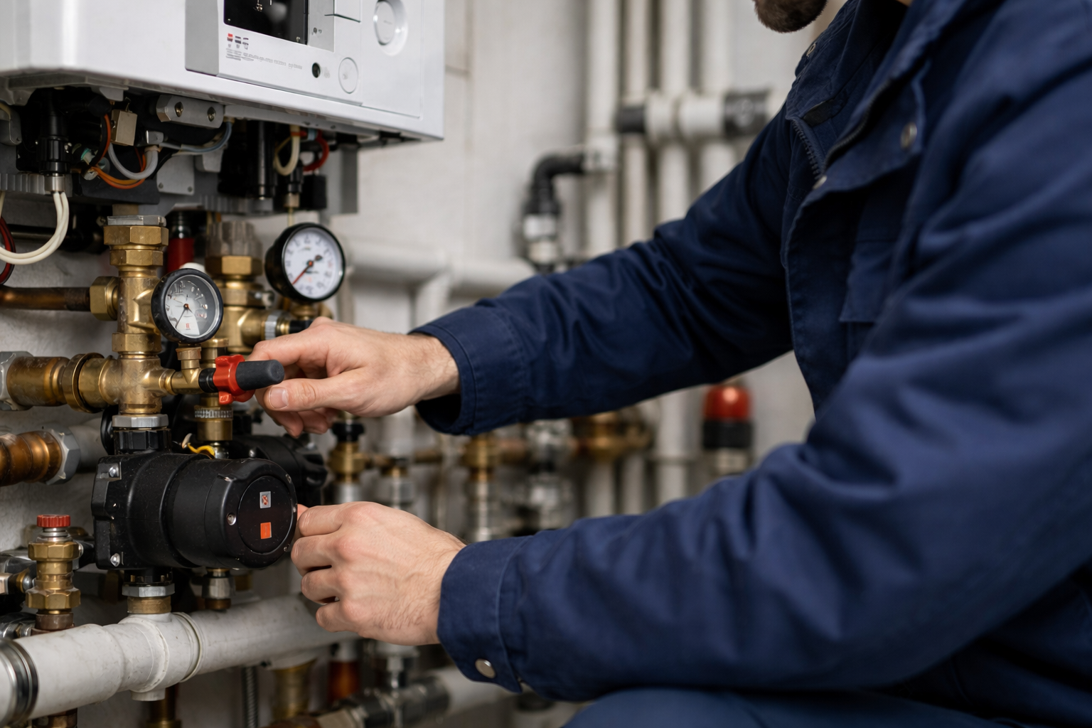 Plombier chauffagiste professionnel intervenant sur une chaudière moderne à Paris et dans les Yvelines